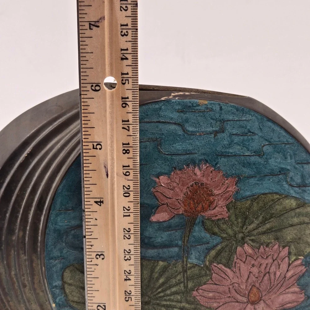 Vintage Indian Brass Cloisonne Lotus Flower Flat Oval Vase Decorated Metal